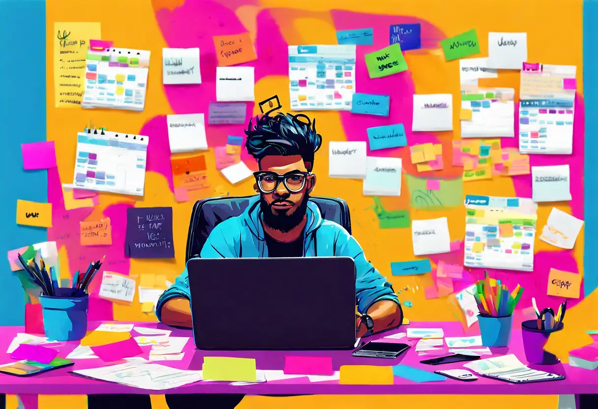 A social media manager creating and scheduling posts in a colorful and creative workspace.