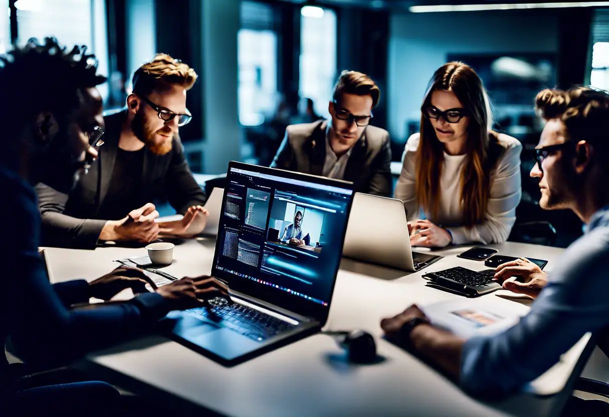 A professional team collaborating on website development in a bright office environment.